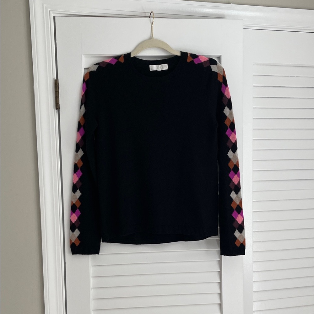 Lisa Todd Black Sweater with Multicolor Argyle Sleeves